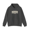 Idaho Boise Mission Hoodie in Dark Heather, front view with the varsity mission design