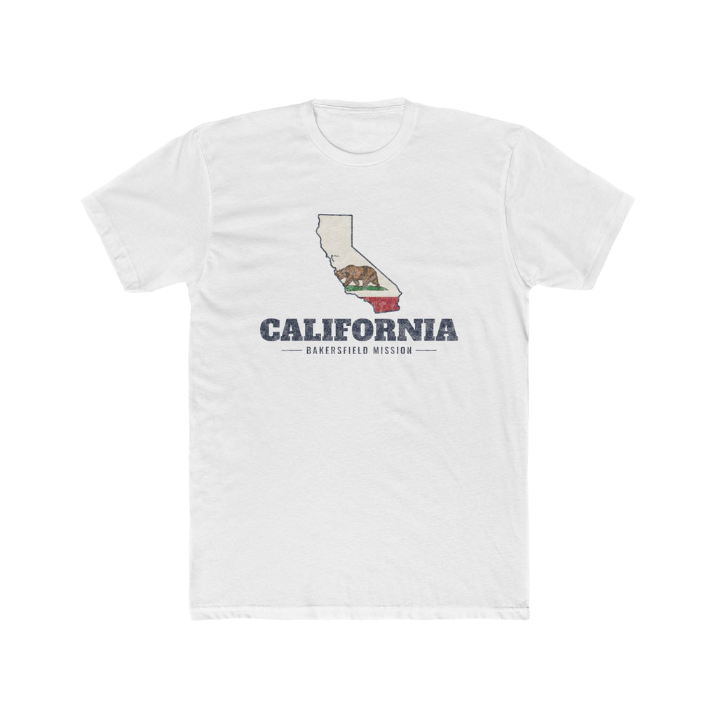 California Bakersfield Mission Flag Map shirt in White: California state flag in the outline of California with navy lettering, front view
