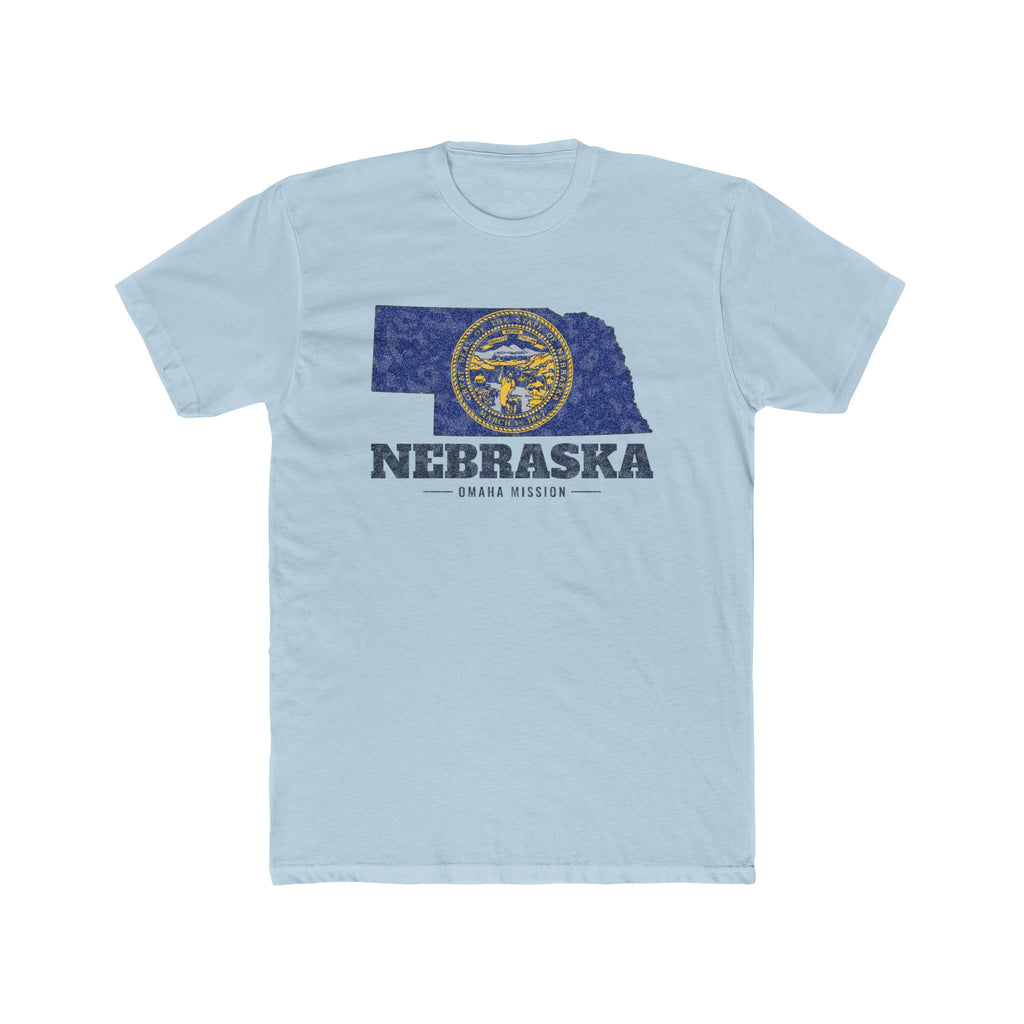 Nebraska Omaha Mission Flag Map shirt in Desert Pink: Nebraska state flag in the outline of Nebraska with navy lettering, front view