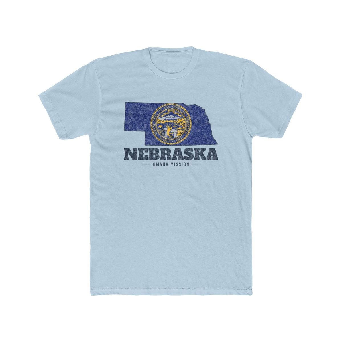 Nebraska Omaha Mission Flag Map shirt in Desert Pink: Nebraska state flag in the outline of Nebraska with navy lettering, front view