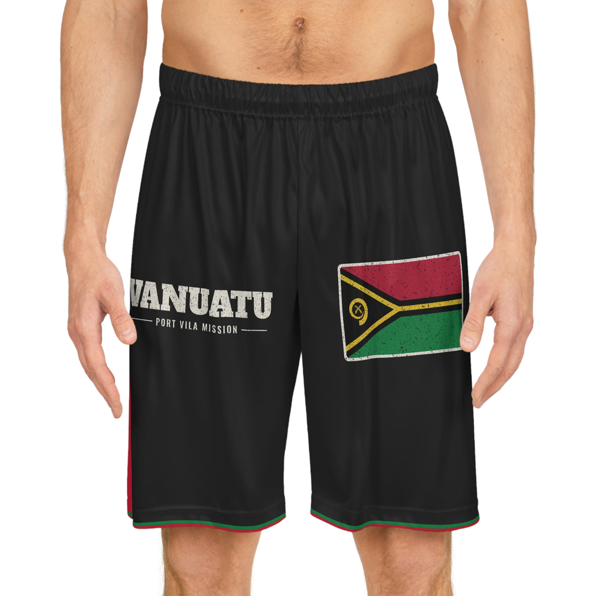 Vanuatu Port Vila Mission Basketball Shorts, worn, front view