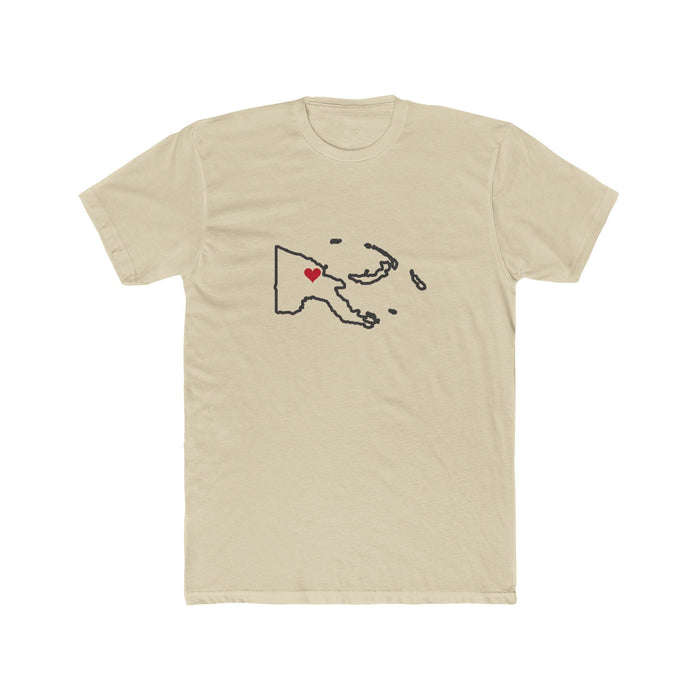 Papua New Guinea Madang Mission Heart Map shirt in Cream: Papua New Guinea outline with a red heart, front view