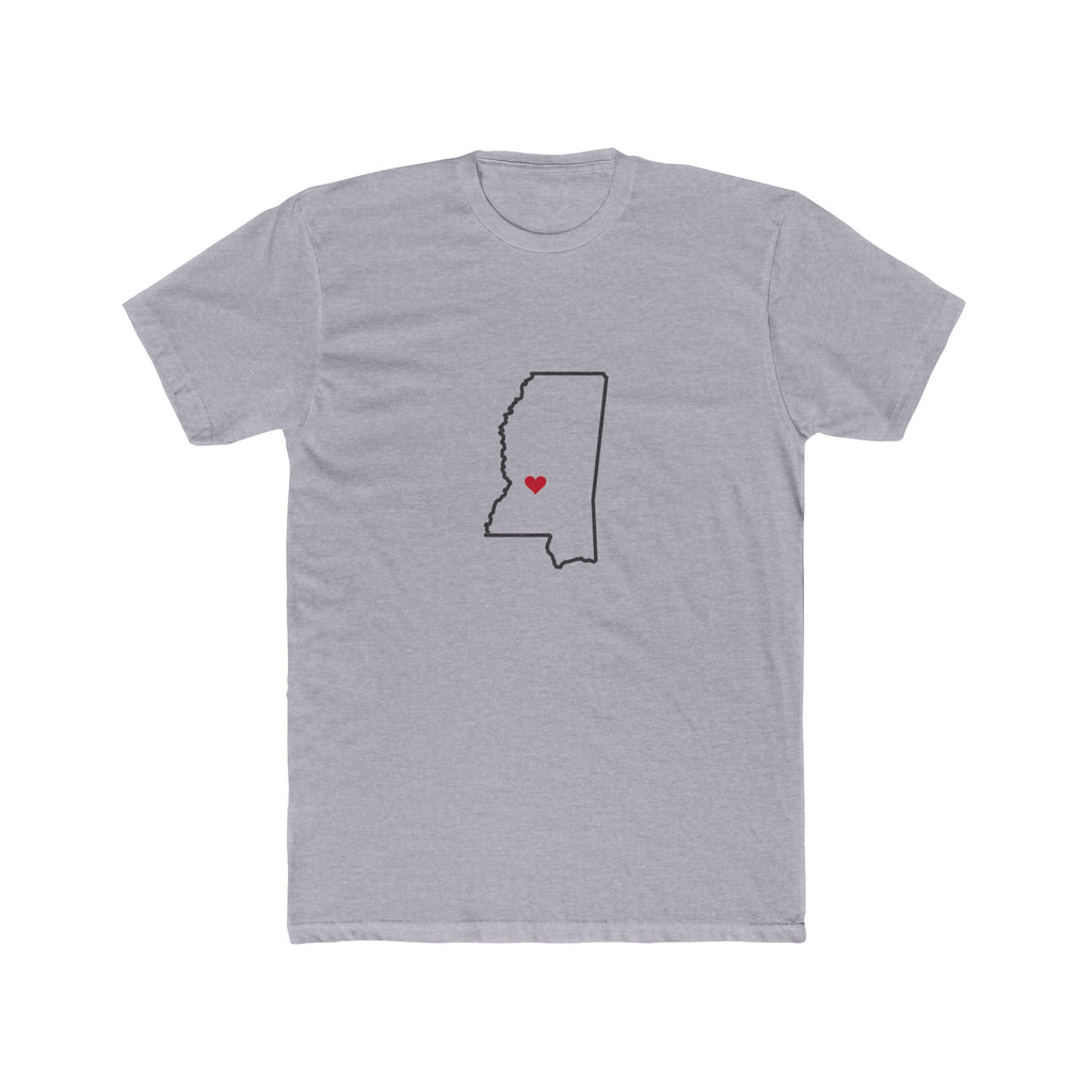 Mississippi Jackson Mission Heart Map shirt in Heather Grey: Mississippi outline with a red heart, front view