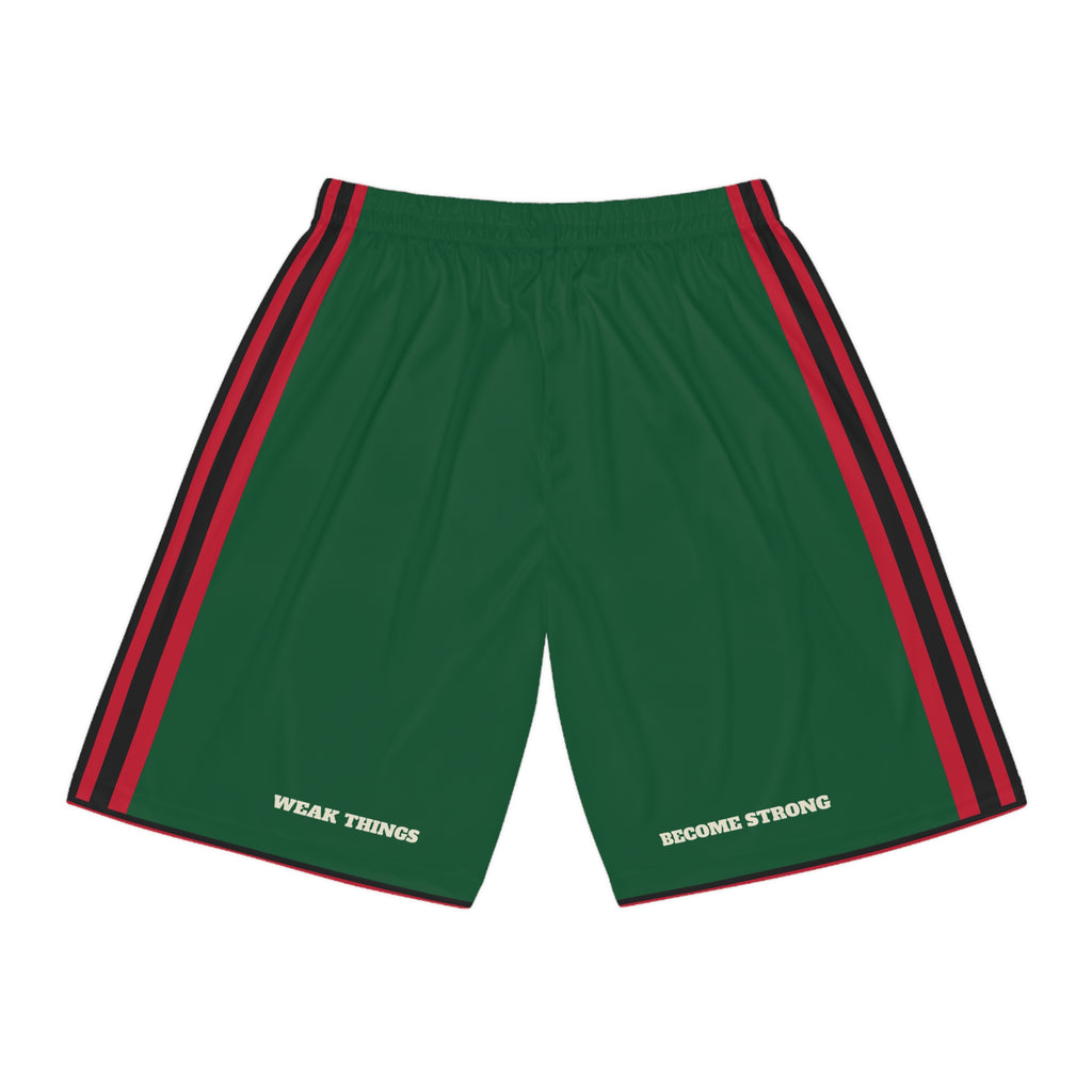 Zambia Lusaka Mission Basketball Shorts, back view with WEAK THINGS and BECOME STRONG on the legs