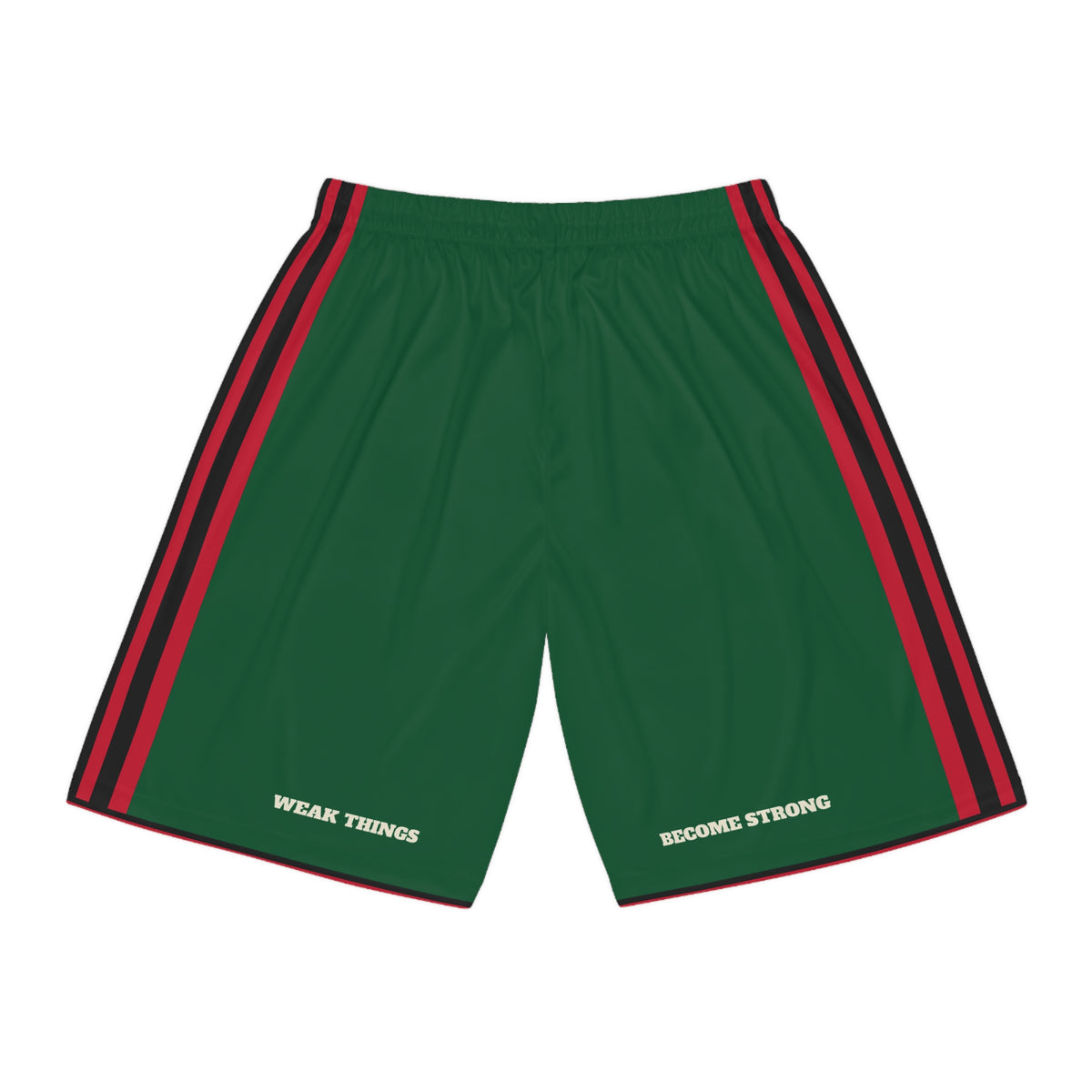 Zambia Lusaka Mission Basketball Shorts, back view with WEAK THINGS and BECOME STRONG on the legs