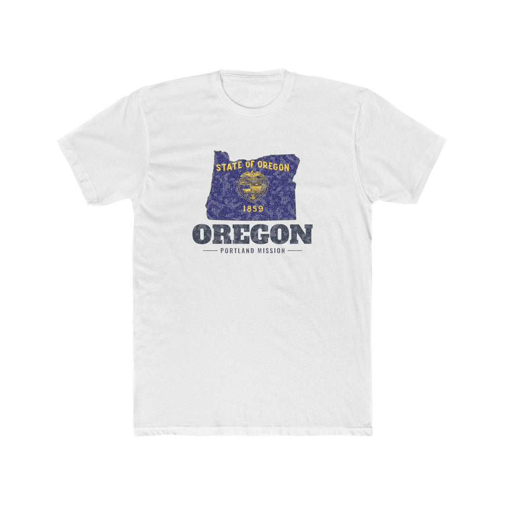Oregon Portland Mission Flag Map shirt in White: Oregon state flag in the outline of Oregon with navy lettering, front view