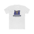 Oregon Portland Mission Flag Map shirt in White: Oregon state flag in the outline of Oregon with navy lettering, front view