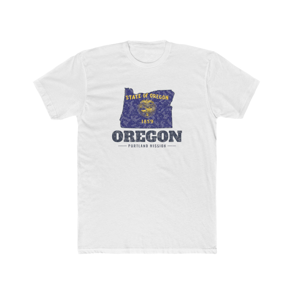 Oregon Portland Mission Flag Map shirt in White: Oregon state flag in the outline of Oregon with navy lettering, front view