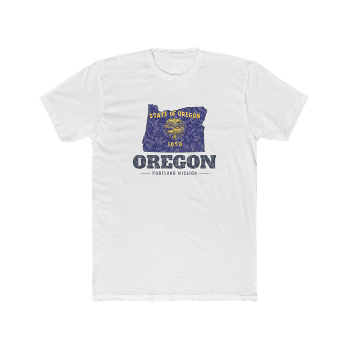 Oregon Portland Mission Flag Map shirt in White: Oregon state flag in the outline of Oregon with navy lettering, front view