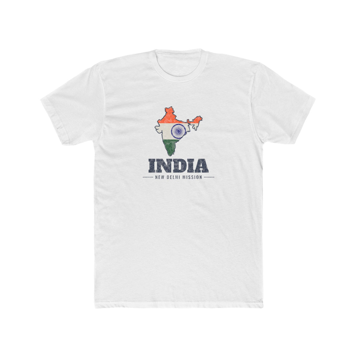 India New Delhi Mission Flag Map shirt in White: flag of India in the outline of India with navy lettering, front view