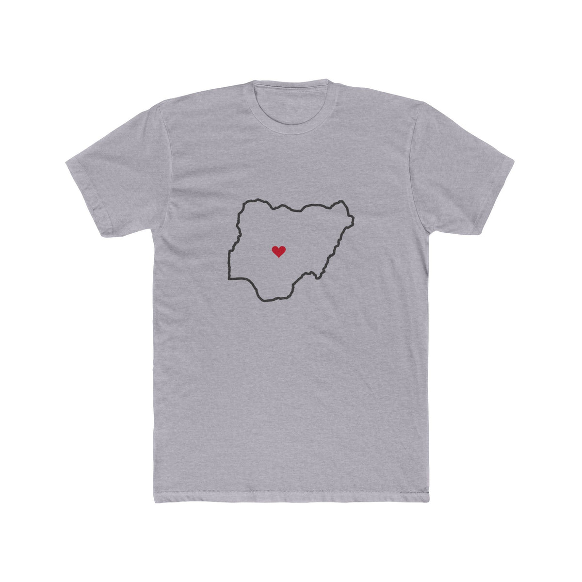 Nigeria Abuja Mission Heart Map shirt in Heather Grey: Nigeria outline with a red heart, front view