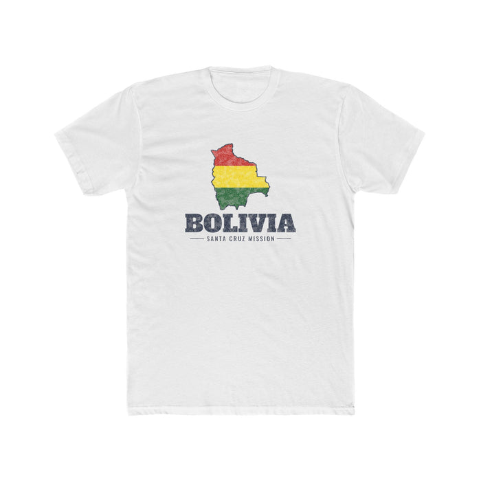 Bolivia Santa Cruz Mission Flag Map shirt in White: flag of Bolivia in the outline of Bolivia with navy lettering, front view