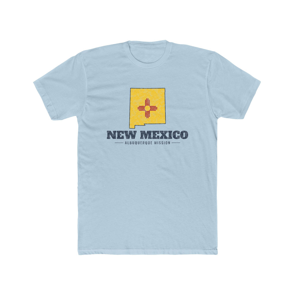 New Mexico Albuquerque Mission Flag Map shirt in Desert Pink: New Mexico state flag in the outline of New Mexico with navy lettering, front view