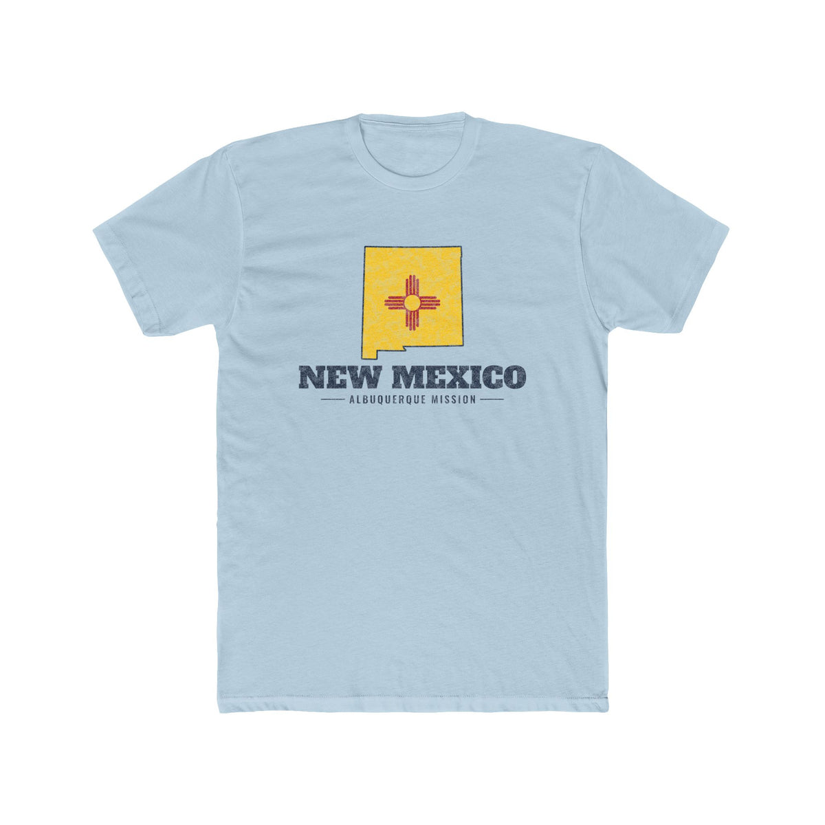 New Mexico Albuquerque Mission Flag Map shirt in Desert Pink: New Mexico state flag in the outline of New Mexico with navy lettering, front view