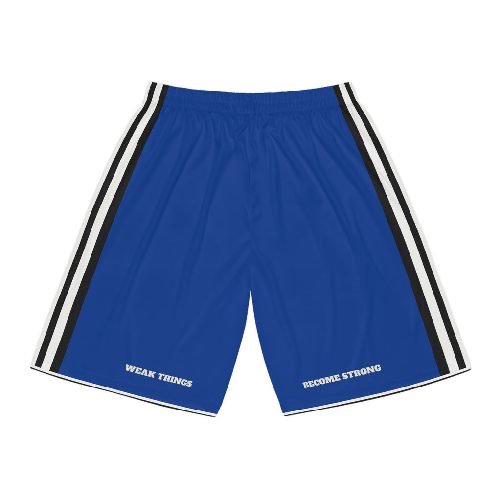 Wisconsin Milwaukee Mission Basketball Shorts, back view with WEAK THINGS and BECOME STRONG on the legs