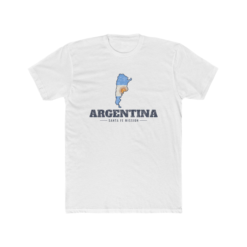 Argentina Santa Fe Mission Flag Map shirt in White: flag of Argentina in the outline of Argentina with navy lettering, front view