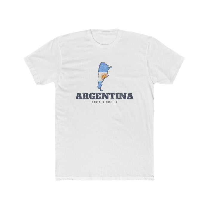 Argentina Santa Fe Mission Flag Map shirt in White: flag of Argentina in the outline of Argentina with navy lettering, front view