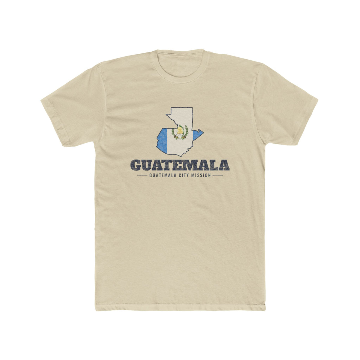Guatemala Guatemala City Mission Flag Map shirt in Cream: flag of Guatemala in the outline of Guatemala with navy lettering, front view
