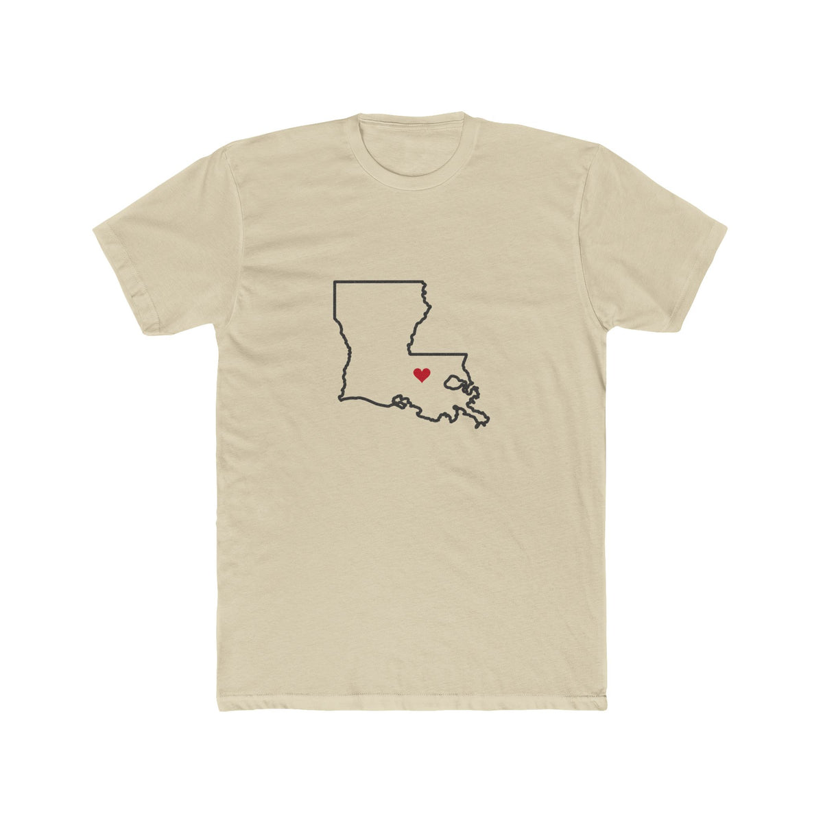 Louisiana Baton Rouge Mission Heart Map shirt in Cream: Louisiana outline with a red heart, front view