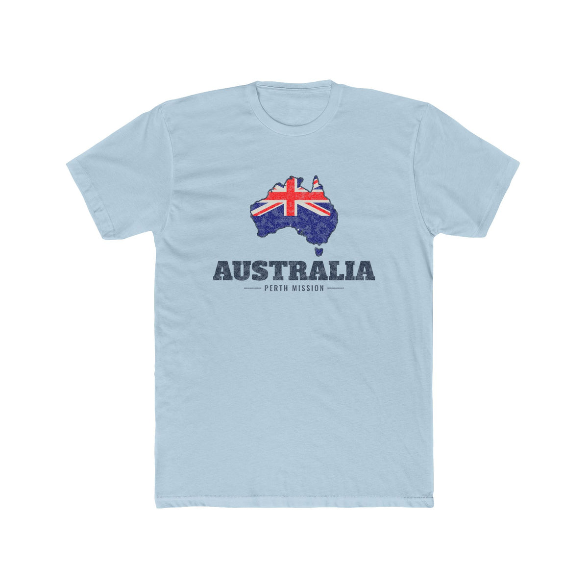 Australia Perth Mission Flag Map shirt in Desert Pink: flag of Australia in the outline of Australia with navy lettering, front view