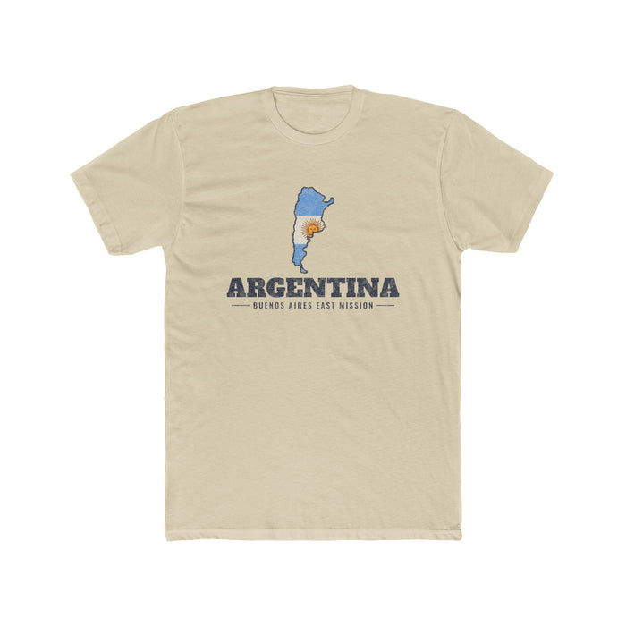 Argentina Buenos Aires East Mission Flag Map shirt in Cream: flag of Argentina in the outline of Argentina with navy lettering, front view