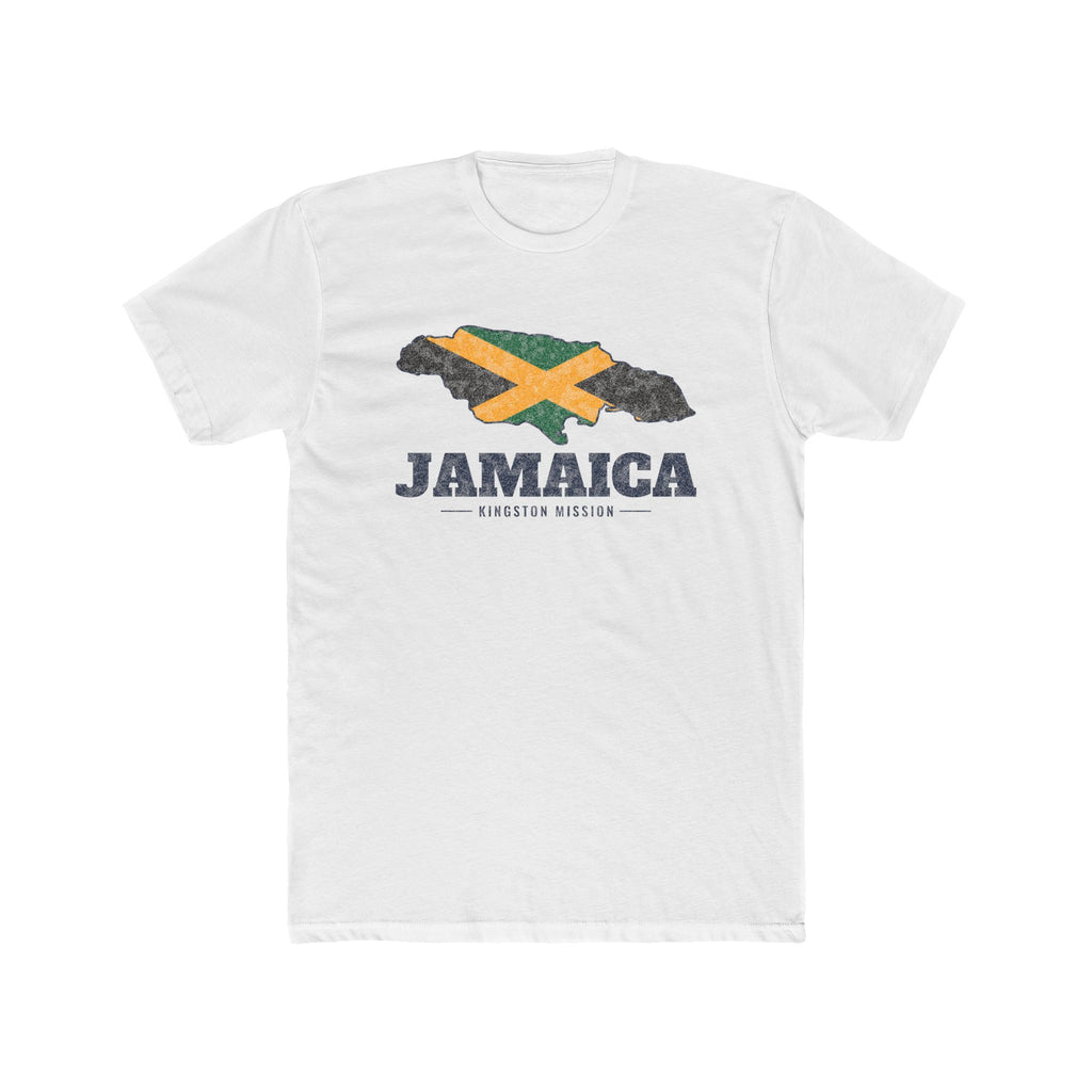 Jamaica Kingston Mission Flag Map shirt in White: flag of Jamaica in the outline of Jamaica with navy lettering, front view