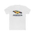 Jamaica Kingston Mission Flag Map shirt in White: flag of Jamaica in the outline of Jamaica with navy lettering, front view