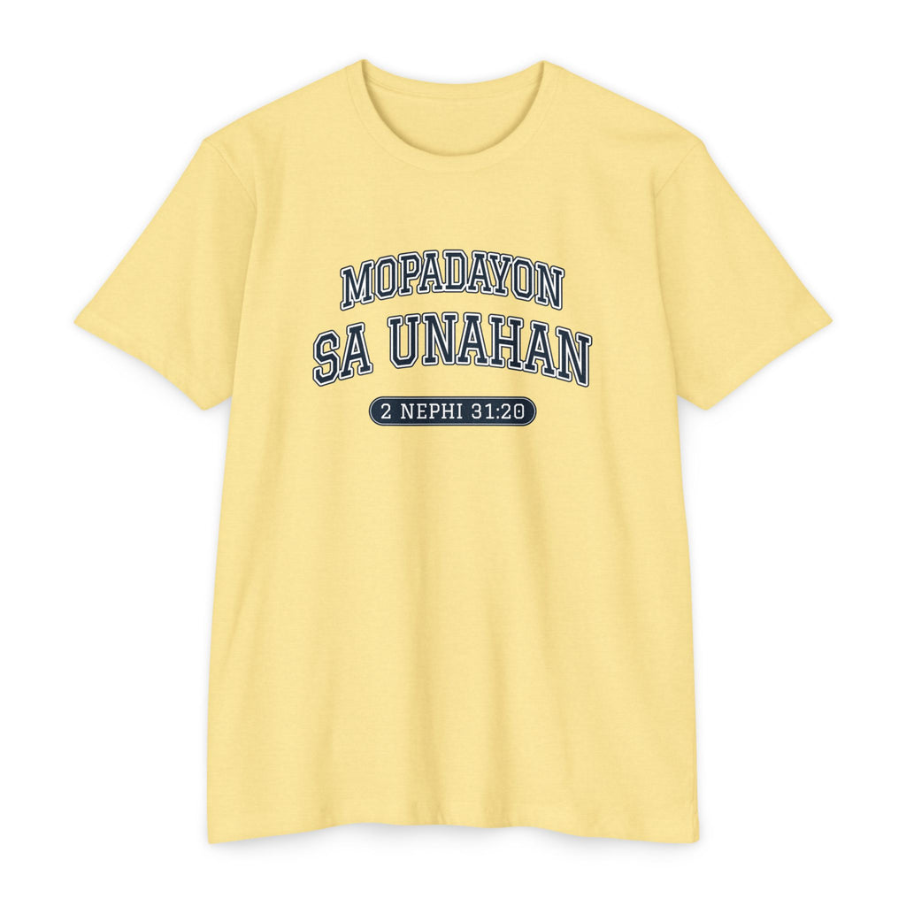 Press Forward shirt in Cebuano on Banana Cream: “MOPADAYON SA UNAHAN”, 2 Nephi 31:20