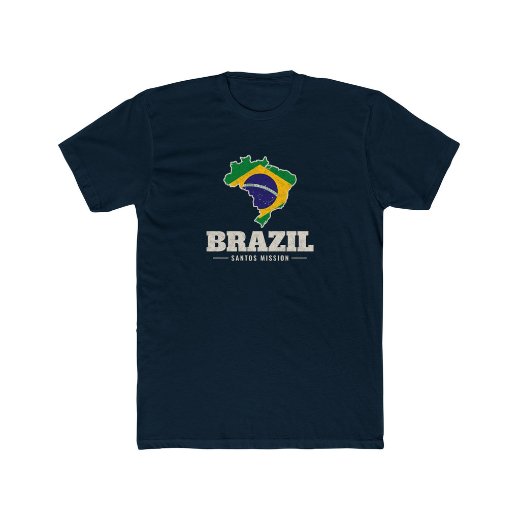 Brazil Santos Mission Flag Map shirt in Black: flag of Brazil in the outline of Brazil with cream lettering, front view