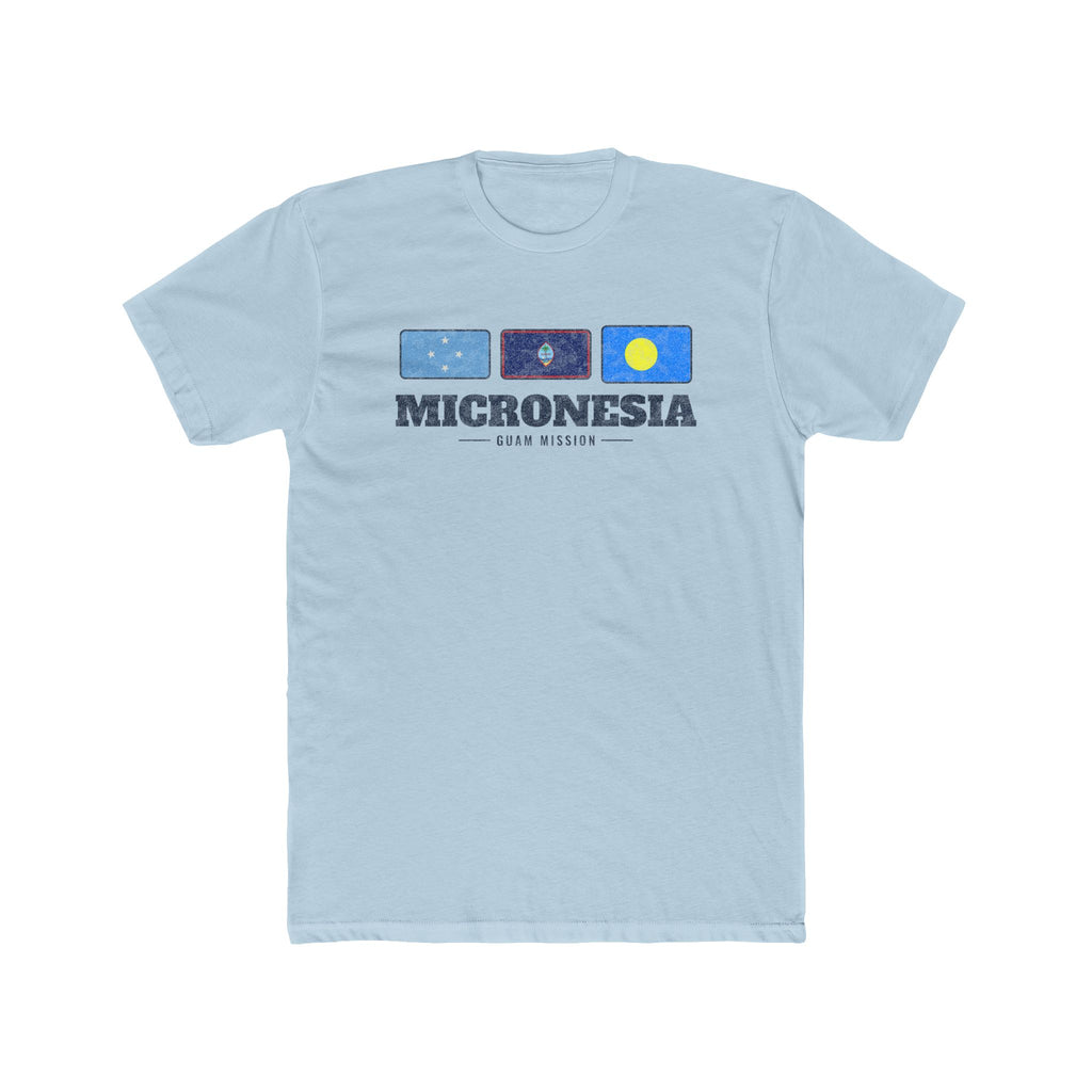 Micronesia Guam Mission Flag Map shirt in Desert Pink: flags of Micronesia, Guam and Palau in a row with navy lettering, front view
