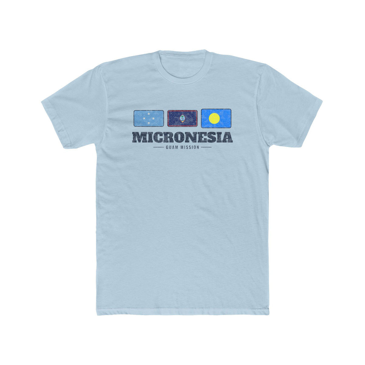 Micronesia Guam Mission Flag Map shirt in Desert Pink: flags of Micronesia, Guam and Palau in a row with navy lettering, front view