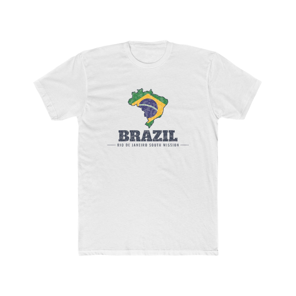 Brazil Rio de Janeiro South Mission Flag Map shirt in White: flag of Brazil in the outline of Brazil with navy lettering, front view