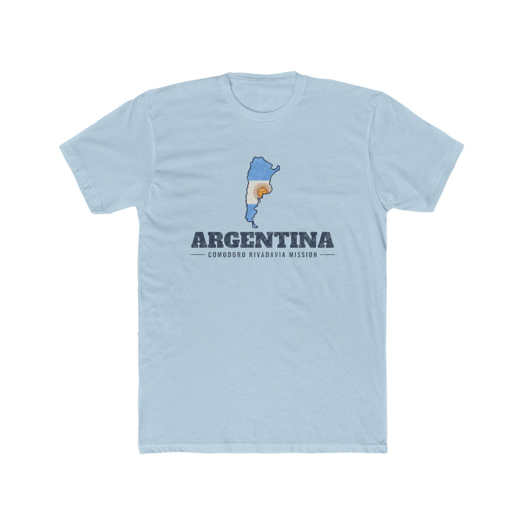 Argentina Comodoro Rivadavia Mission Flag Map shirt in Desert Pink: flag of Argentina in the outline of Argentina with navy lettering, front view
