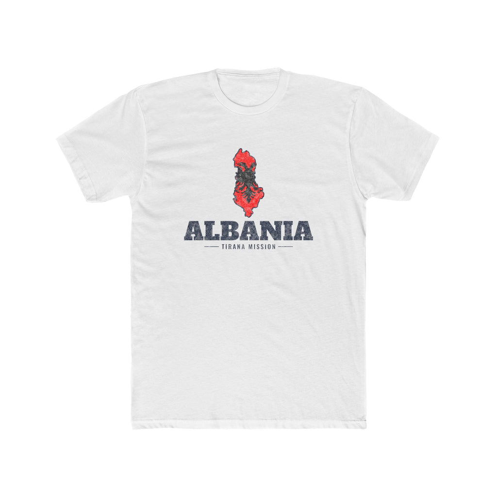 Albania Tirana Mission Flag Map shirt in White: flag of Albania in the outline of Albania with navy lettering, front view