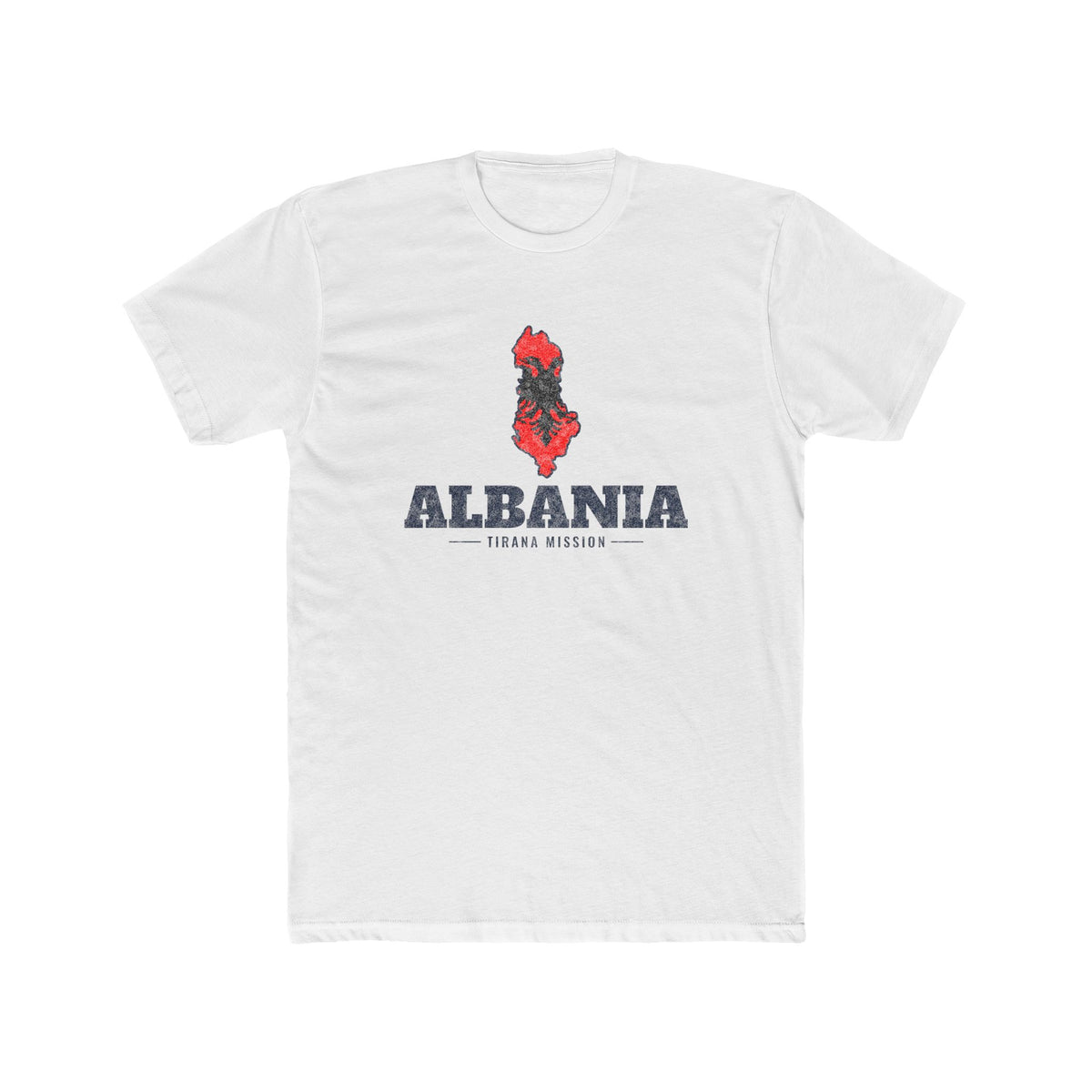Albania Tirana Mission Flag Map shirt in White: flag of Albania in the outline of Albania with navy lettering, front view