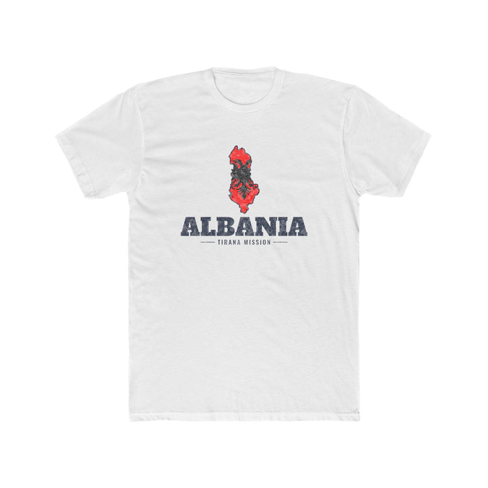 Albania Tirana Mission Flag Map shirt in White: flag of Albania in the outline of Albania with navy lettering, front view