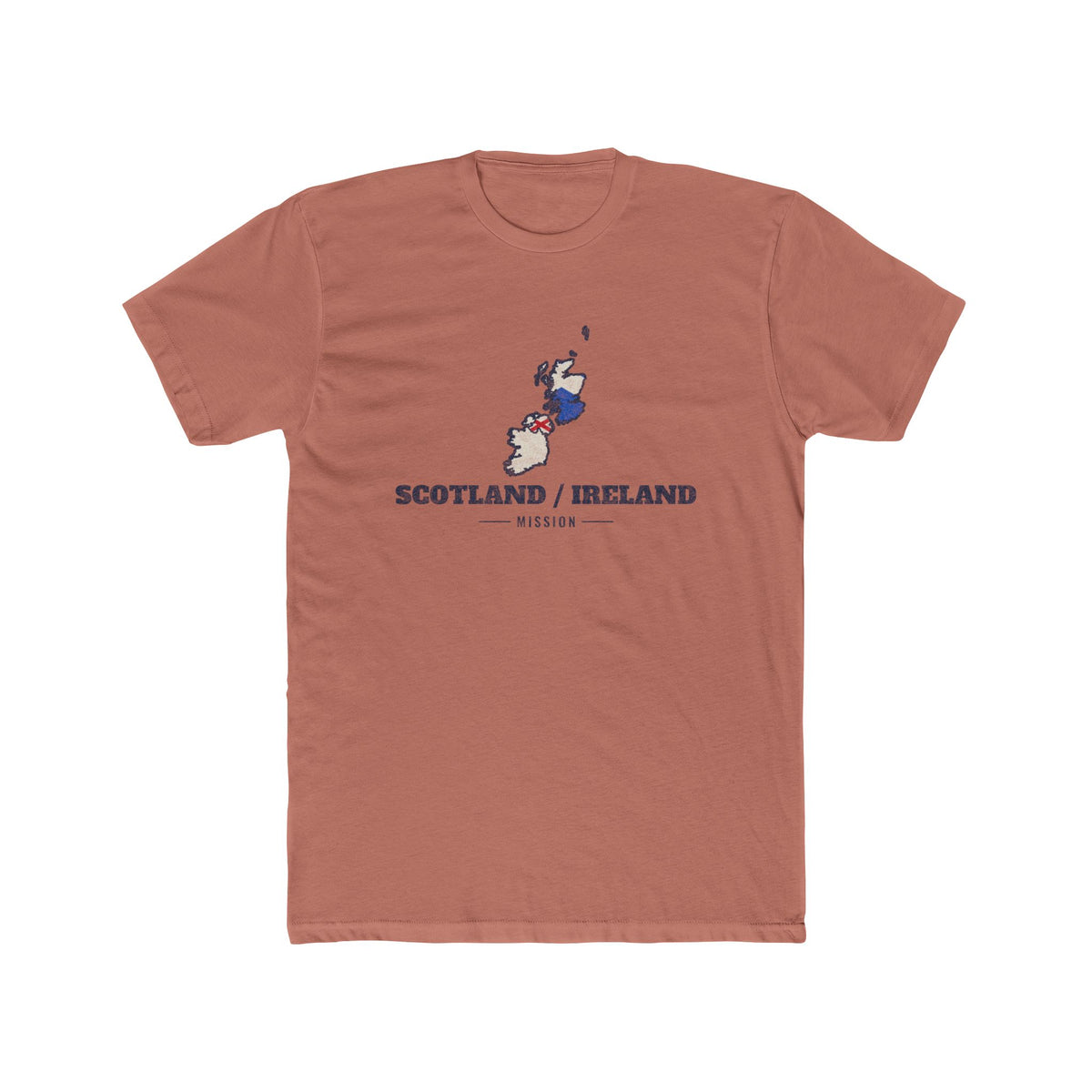 Scotland/Ireland Mission Flag Map shirt in Desert Pink: flag-filled map printed on the front