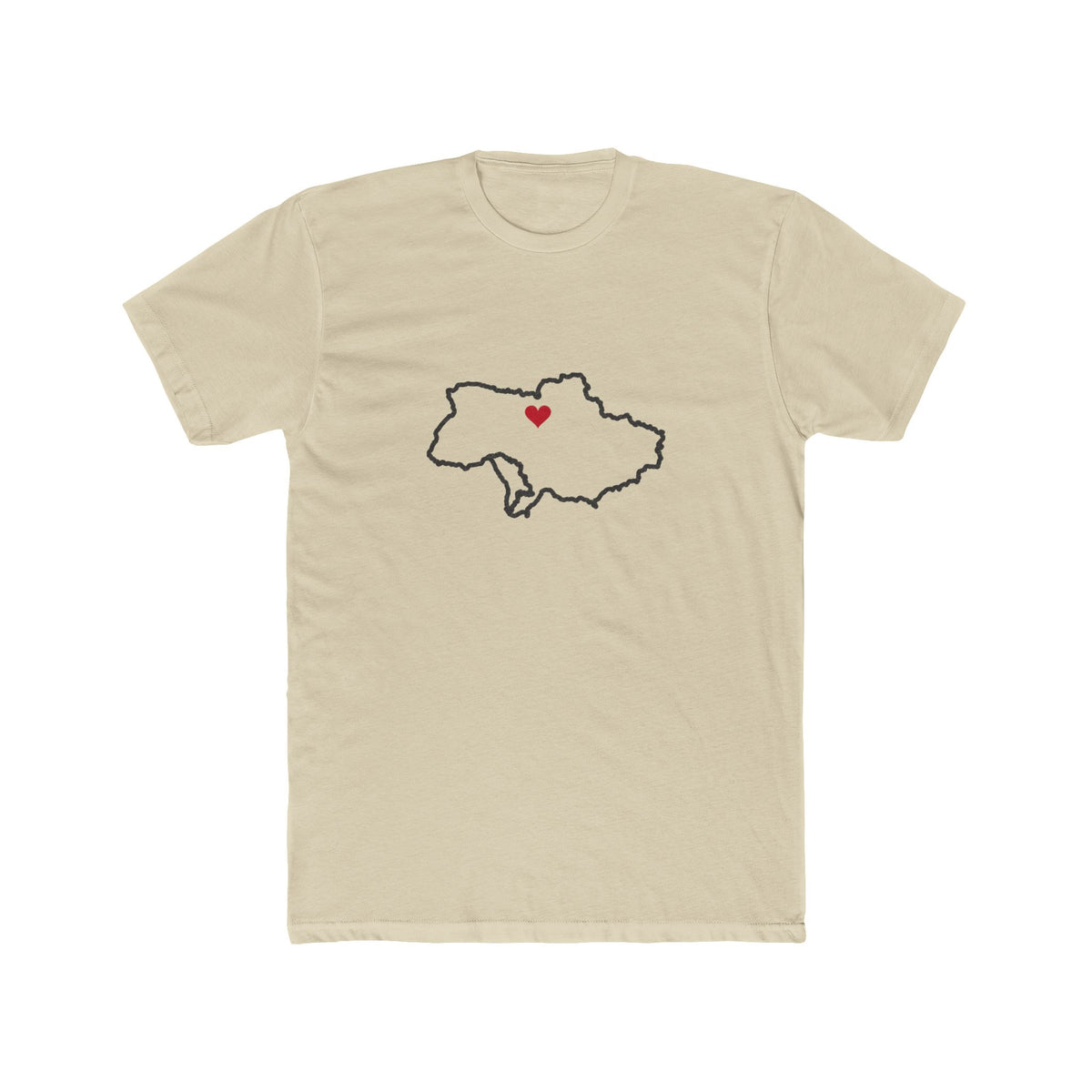 Ukraine Kyiv/Moldova Mission Heart Map shirt in Cream: Ukraine outline with a red heart, front view