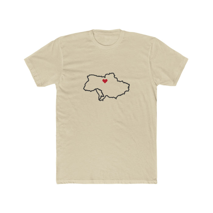 Ukraine Kyiv/Moldova Mission Heart Map shirt in Cream: Ukraine outline with a red heart, front view
