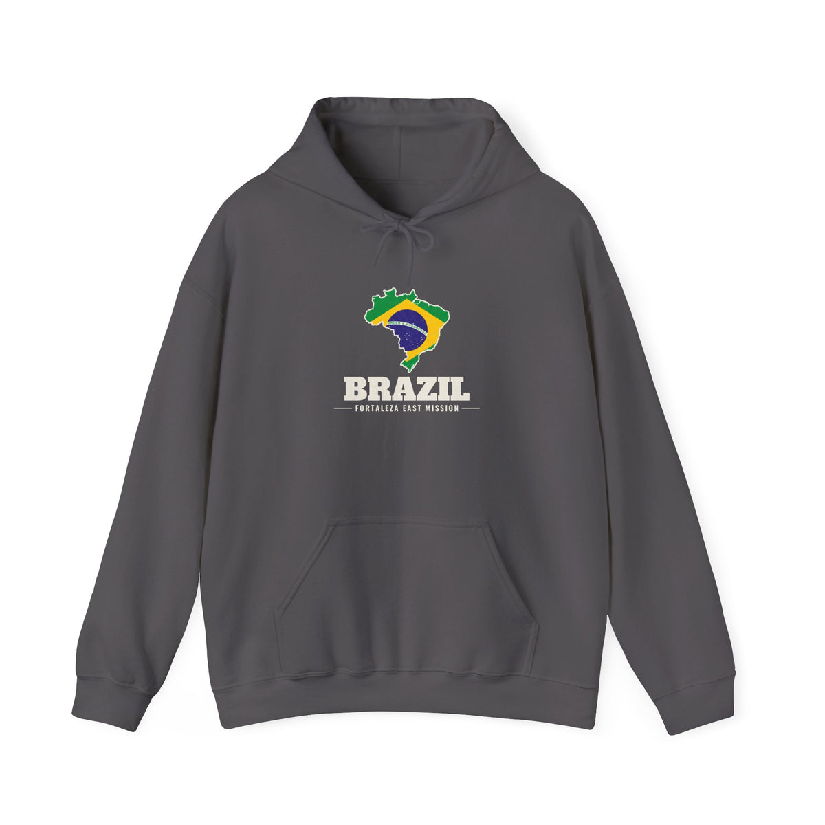 Brazil Fortaleza East Mission Flag Map Hoodie in Charcoal, front view with the Brazil flag map and mission name