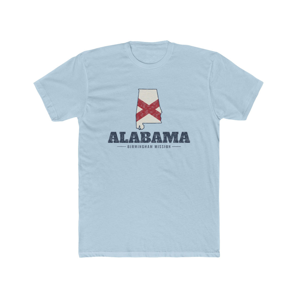 Alabama Birmingham Mission Flag Map shirt in Desert Pink: Alabama state flag in the outline of Alabama with navy lettering, front view