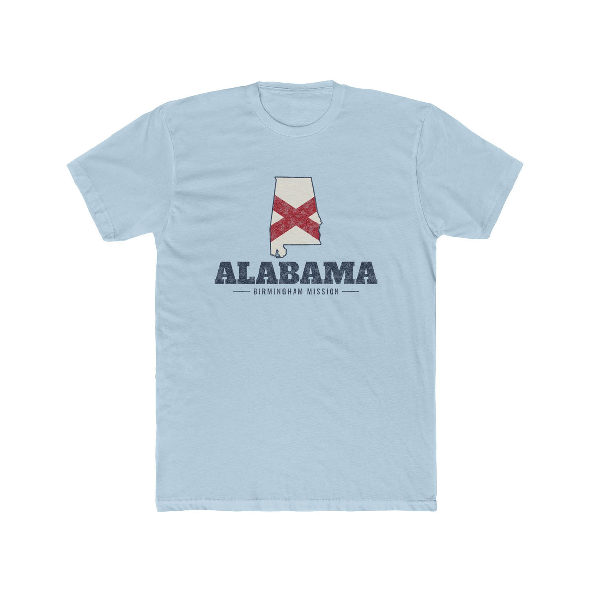 Alabama Birmingham Mission Flag Map shirt in Desert Pink: Alabama state flag in the outline of Alabama with navy lettering, front view