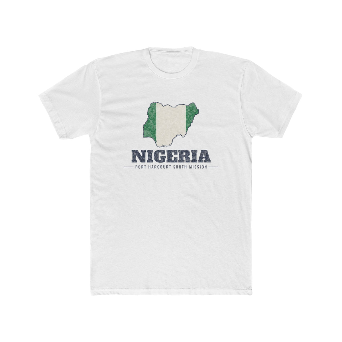 Nigeria Port Harcourt South Mission Flag Map shirt in White: flag of Nigeria in the outline of Nigeria with navy lettering, front view