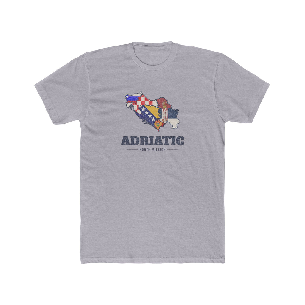 Adriatic North Mission Flag Map shirt in Heather Grey: flags of Slovenia, Croatia, Bosnia and Herzegovina, Serbia and Montenegro in their country outlines with navy lettering, front view