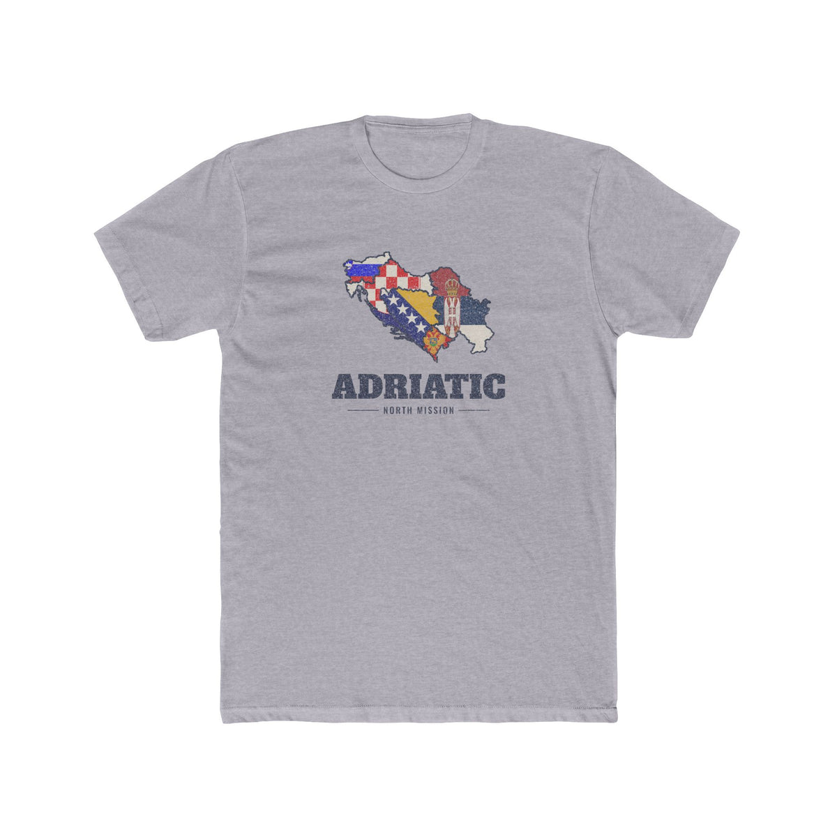 Adriatic North Mission Flag Map shirt in Heather Grey: flags of Slovenia, Croatia, Bosnia and Herzegovina, Serbia and Montenegro in their country outlines with navy lettering, front view