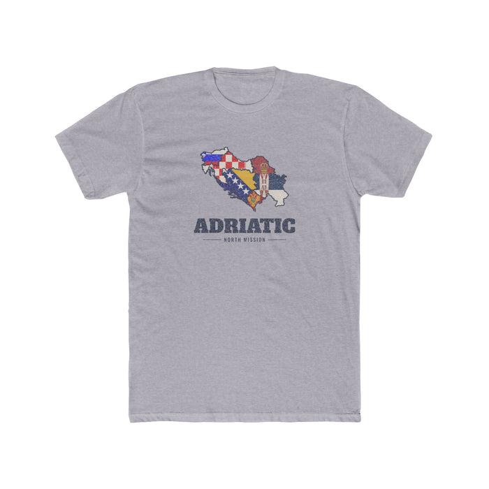 Adriatic North Mission Flag Map shirt in Heather Grey: flags of Slovenia, Croatia, Bosnia and Herzegovina, Serbia and Montenegro in their country outlines with navy lettering, front view