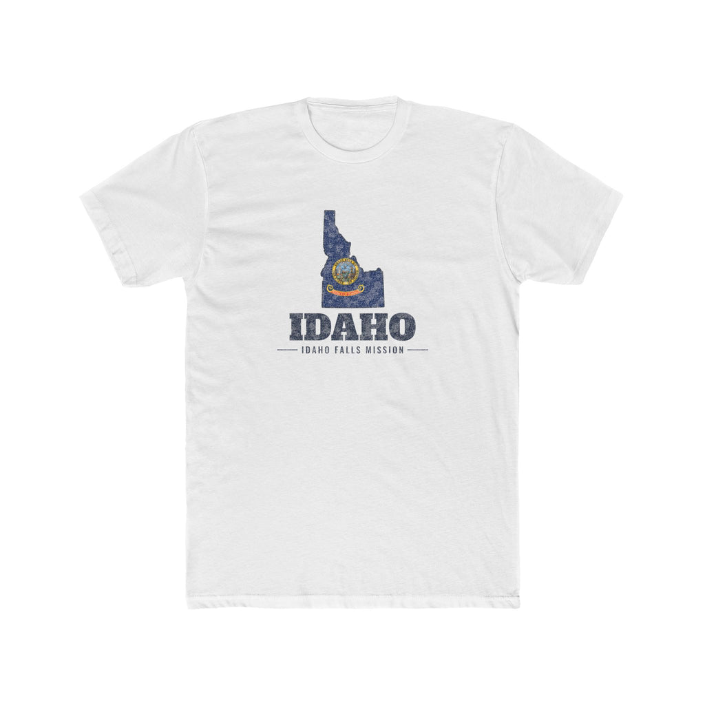 Idaho Idaho Falls Mission Flag Map shirt in White: Idaho state flag in the outline of Idaho with navy lettering, front view