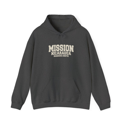 Nicaragua Managua South Mission Hoodie in Dark Heather, front view with the varsity mission design