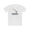 Hawaii Honolulu Mission Flag Map shirt in White: Hawaii state flag in the outline of Hawaii with navy lettering, front view
