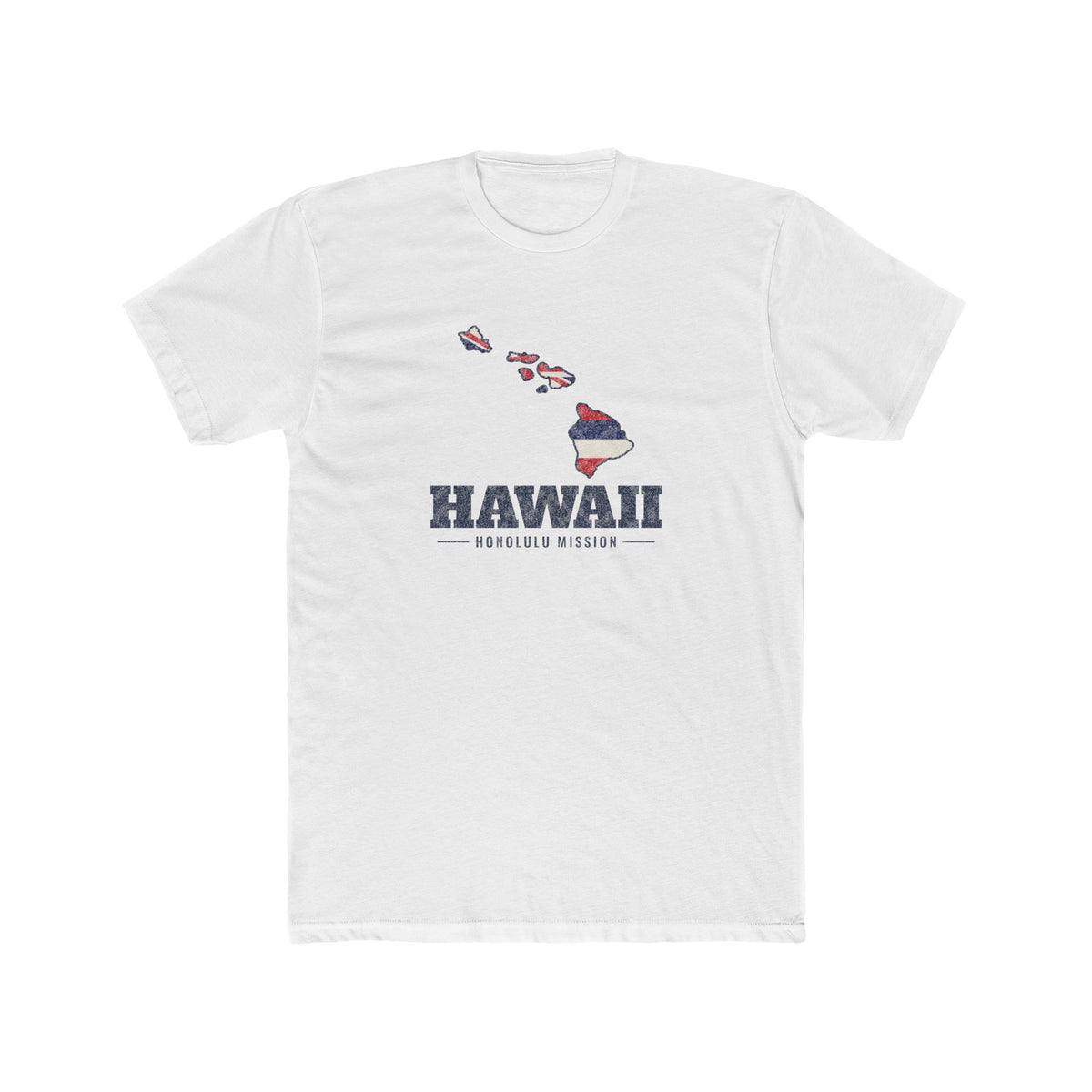 Hawaii Honolulu Mission Flag Map shirt in White: Hawaii state flag in the outline of Hawaii with navy lettering, front view